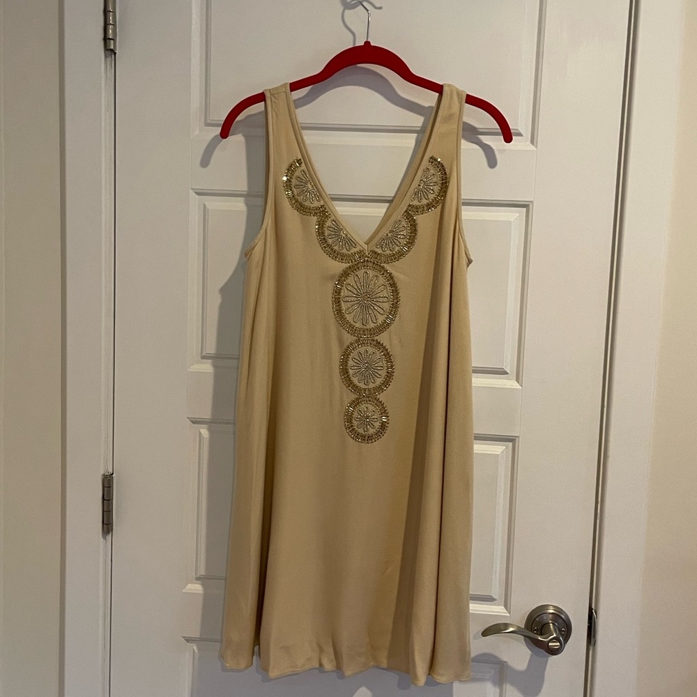 Lilly Pulitzer dress. Sand dune, gorgeous gold beading. Never worn. With tags.